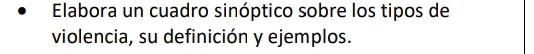 Elabora un cuadro sinóptico sobre los tipos de 
violencia, su definición y ejemplos.