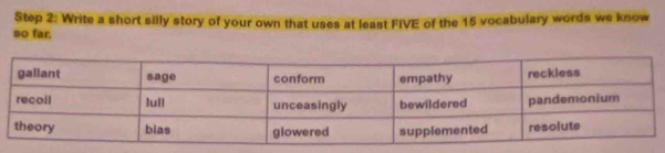 Write a short silly story of your own that uses at least FIVE of the 15 vocabulary words we know 
so far.