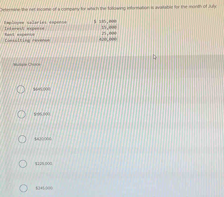 Determine the net income of a company for which the following information is available for the month of July.
Employee salaries expense $ 185,000
Interest expense 15,000
Rent expense 25,000
Consulting revenue 420,000
Multiple Choice
$645,000.
$195,000.
$420,000.
$225,000.
$245,000.