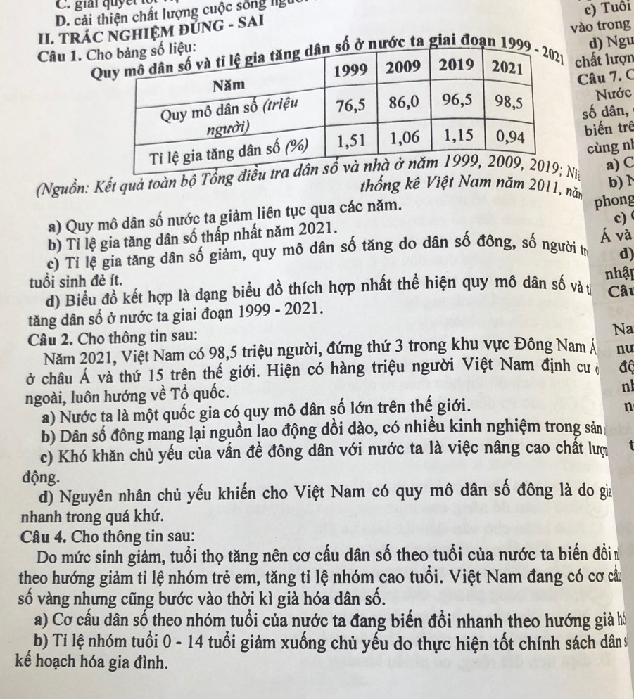 D. cải thiện chất lượng cuộc sống lgữ
II. TRÁC NGHIỆM ĐUNG - SAI c) Tuổi
Câu 1. Ch vào trong d) Ngu
số ở nước ta giai đoạn 199 chất lượn
Nước
Câu 7. C
số dân,
biến trê
a) C
(Nguồn: Kết quả toàn bộ Tổng đii cùng nì
b) N
thống kê Việt Nam năm 2011, năm
a) Quy mô dân số nước ta giảm liên tục qua các năm. phong
c) 
b) Tỉ lệ gia tăng dân số thấp nhất năm 2021.
Á và
c) Tỉ lệ gia tăng dân số giảm, quy mô dân số tăng do dân số đông, số người tr d)
tuổi sinh đẻ ít. nhập
d) Biểu đồ kết hợp là dạng biểu đồ thích hợp nhất thể hiện quy mô dân số và tỉ Câu
tăng dân số ở nước ta giai đoạn 1999 - 2021.
Câu 2. Cho thông tin sau:
Na
Năm 2021, Việt Nam có 98,5 triệu người, đứng thứ 3 trong khu vực Đông Nam Á nu
ở châu Á và thứ 15 trên thế giới. Hiện có hàng triệu người Việt Nam định cư ở độ
ngoài, luôn hướng về Tổ quốc.
nh
a) Nước ta là một quốc gia có quy mô dân số lớn trên thế giới.
n
b) Dân số đồng mang lại nguồn lao động dồi dào, có nhiều kinh nghiệm trong sản:
c) Khó khăn chủ yếu của vấn đề đông dân với nước ta là việc nâng cao chất lượ
động.
d) Nguyên nhân chủ yếu khiến cho Việt Nam có quy mô dân số đông là do gia
nhanh trong quá khứ.
Câu 4. Cho thông tin sau:
Do mức sinh giảm, tuổi thọ tăng nên cơ cấu dân số theo tuổi của nước ta biến đồi ủ
theo hướng giảm tỉ lệ nhóm trẻ em, tăng tỉ lệ nhóm cao tuổi. Việt Nam đang có cơ cầu
số vàng nhưng cũng bước vào thời kì già hóa dân số.
a) Cơ cấu dân số theo nhóm tuổi của nước ta đang biến đổi nhanh theo hướng giả hó
b) Tỉ lệ nhóm tuổi 0 - 14 tuổi giảm xuống chủ yếu do thực hiện tốt chính sách dân s
kể hoạch hóa gia đình.