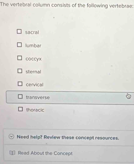 The vertebral column consists of the following vertebrae:
sacral
lumbar
coccyx
sternal
cervical
transverse
thoracic
Need help? Review these concept resources.
Read About the Concept