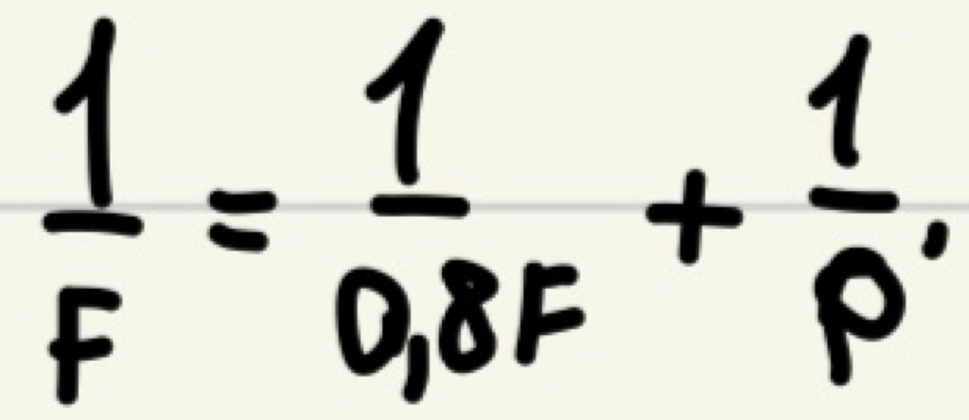  1/F = 1/0.8F + 1/p ,