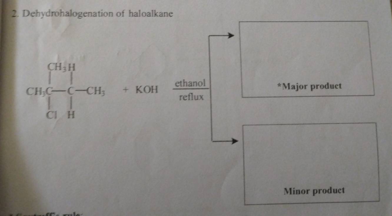 Dehydrohalogenation of haloalkane
CH_3C-C-CH_3+KOH- cttan alpha /reflot 
*Major product
Minor product