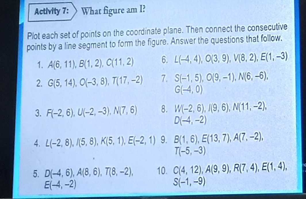 Activity 7: What figure am I? 
Plot each set of points on the coordinate plane. Then connect the consecutive 
points by a line segment to form the figure. Answer the questions that follow. 
1. A(6,11), B(1,2), C(11,2) 6. L(-4,4), O(3,9), V(8,2), E(1,-3)
2. G(5,14), O(-3,8), T(17,-2) 7. S(-1,5), O(9,-1), N(6,-6),
G(-4,0)
3. F(-2,6), U(-2,-3), N(7,6) 8. W(-2,6), I(9,6), N(11,-2),
D(-4,-2)
4. L(-2,8), I(5,8), K(5,1), E(-2,1) 9. B(1,6), E(13,7), A(7,-2),
T(-5,-3)
5. D(-4,6), A(8,6), T(8,-2), 10. C(4,12), A(9,9), R(7,4), E(1,4),
E(-4,-2)
S(-1,-9)