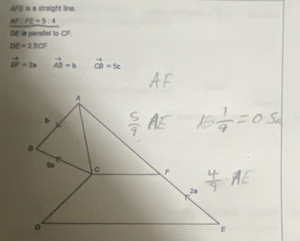 18° is a straight line.
AF:FE=5:4
DE is parallel to CF.
DE=2.5CF
vector EF=2a vector AB=b vector CB=5c