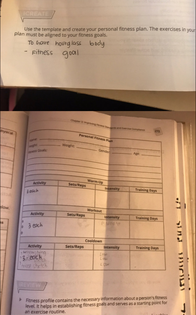 ICREATE 
Use the template and create your personal fitness plan. The exercises in your 
plan must be aligned to your fitness goals. 
Chapter 
hysica 
low. 
is 
Fitness profile contains the necessary information about a person's fitness 
level. It helps in establishing fitness goals and serves as a starting point for 
an exercise routine.