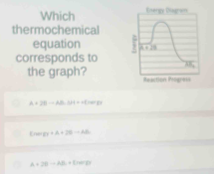 Which
Energy Blagram
thermochemical
equation
corresponds to
the graph?
Reaction Progress
A+2B=AB,△ H=25cos B
Energly +A+2B=AB
A+2Bto AB+Enengy