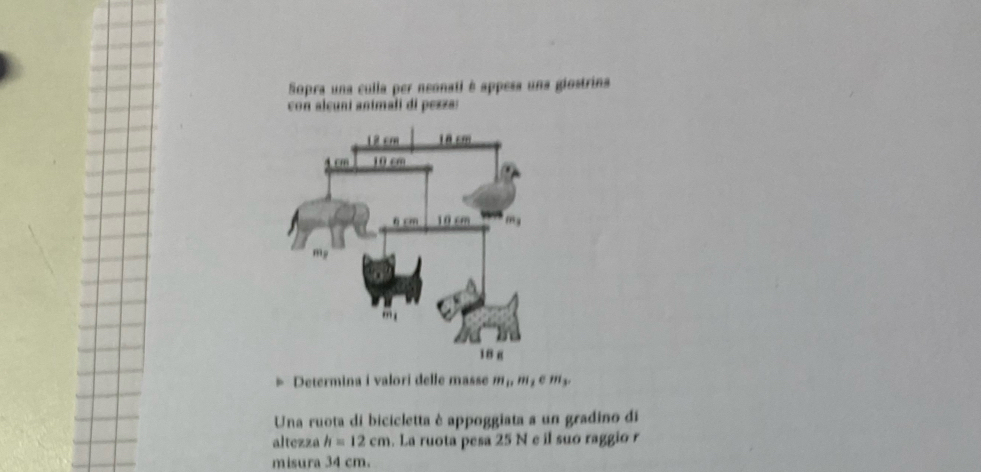 Sopra una culla per neonati é appesa una giostrina 
con alcuní antmali di pesza: 
Determina i valori delle masse m_1, m_2∈ m_3. 
Una ruota di bicicletta è appoggiata a un gradino di 
altezza h=12cm. La ruota pesa 25 N e il suo raggio r 
misura 34 cm.