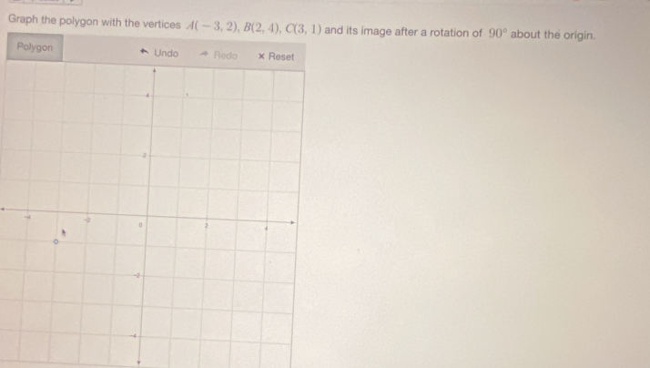 Graph the polygon with the vertices A(-3,2), B(2,4), C(3,1) and its image after a rotation of 90° about the origin.