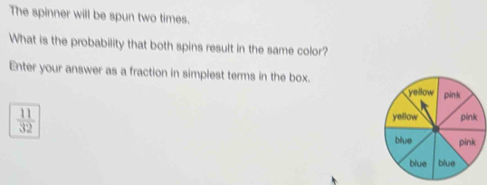 The spinner will be spun two times. 
What is the probability that both spins result in the same color? 
Enter your answer as a fraction in simplest terms in the box.
 11/32 