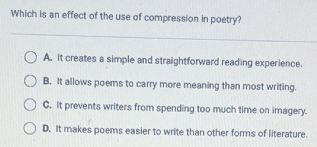 Solved: Which is an effect of the use of compression in poetry? A. It ...