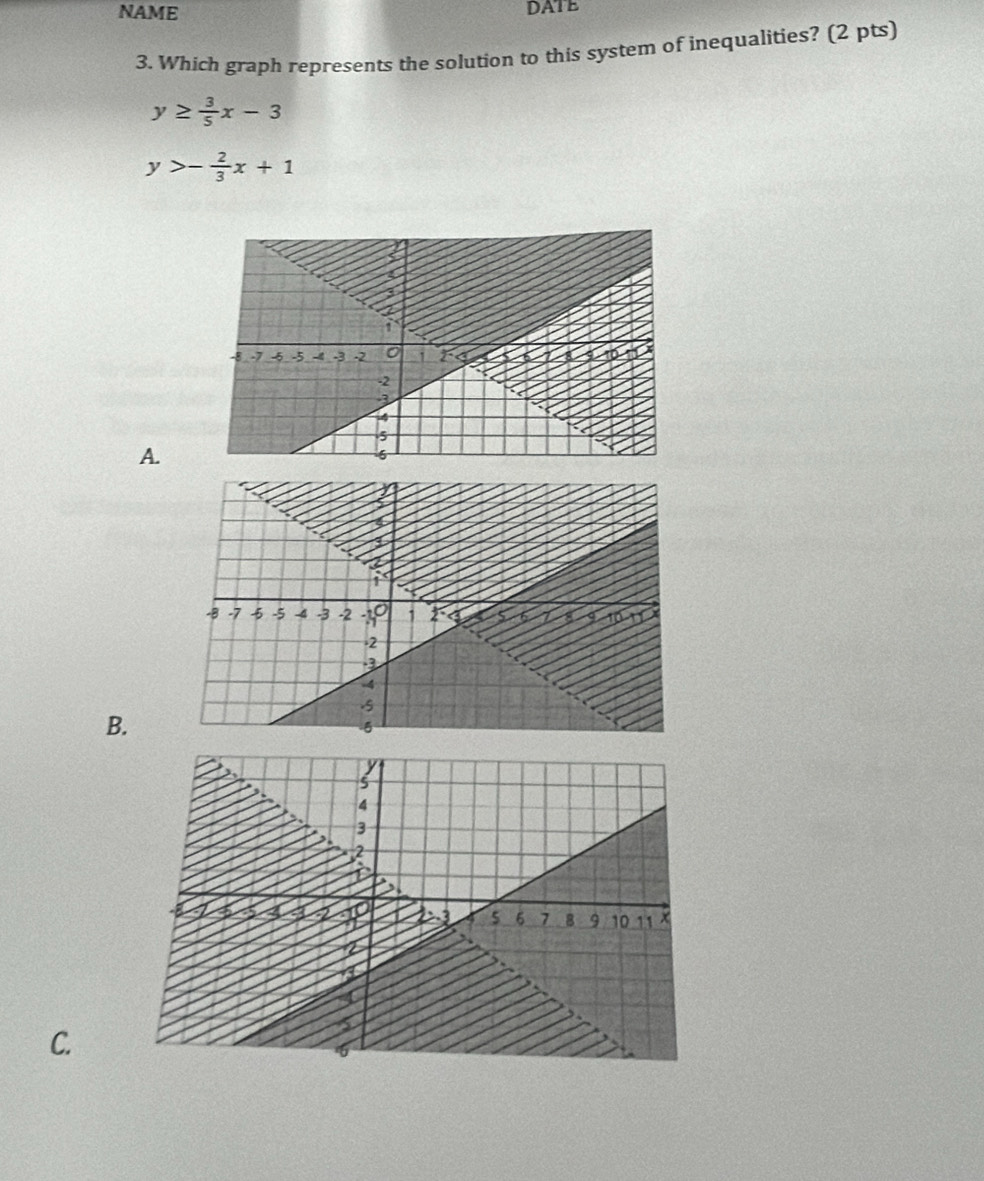 NAME DATE
3. Which graph represents the solution to this system of inequalities? (2 pts)
y≥  3/5 x-3
y>- 2/3 x+1
A.
B.
C.