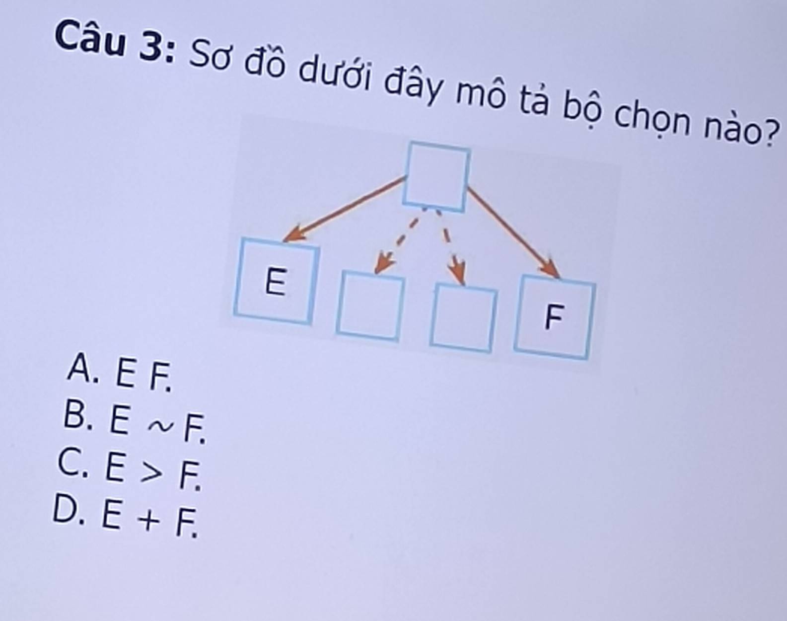 Sơ đồ dưới đây mô tả bộ chọn nào?
A. E F.
B. Esim F.
C. E>F.
D. E+F.