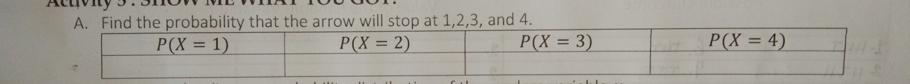 Find the probability that the arrow will stop at 1,2,3, and 4.
P(X=1)
P(X=2)
P(X=3)
P(X=4)