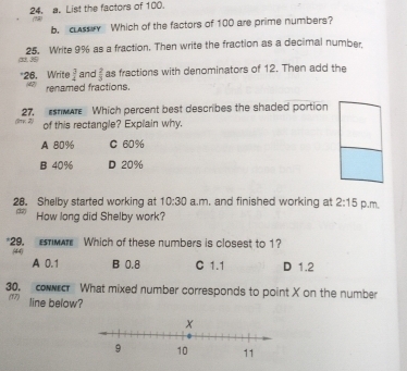 List the factors of 100.
b, classiry Which of the factors of 100 are prime numbers?
32. 35 25. Write 9% as a fraction. Then write the fraction as a decimal number.
*26. Write  3/4  and  2/3  as fractions with denominators of 12. Then add the
renamed fractions.
(1πx 2) 27, snwar Which percent best describes the shaded portion
of this rectangle? Explain why.
A 80% C 60%
B 40% D 20%
28. Shelby started working at 10:30 a.m. and finished working at 2:15 p.m,
How long did Shelby work?
*29. a Which of these numbers is closest to 1?
(44) B 0.8 C 1.1 D 1.2
A 0.1
30. cocr What mixed number corresponds to point X on the number
(17) line below?