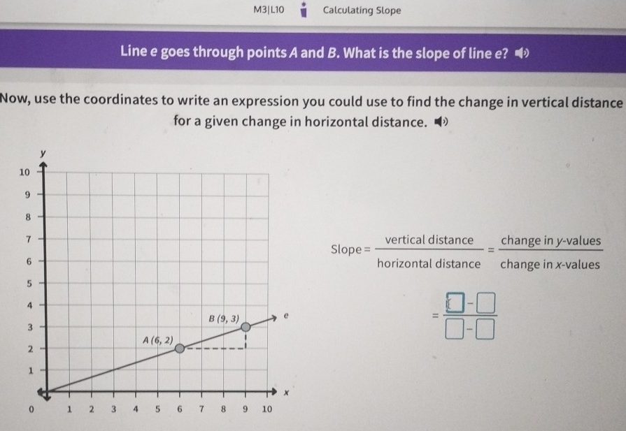 M3|L10 Calculating Slope
Line e goes through points A and B. What is the slope of line e?
Now, use the coordinates to write an expression you could use to find the change in vertical distance
for a given change in horizontal distance. ◢
Slop e= verticaldistan ce/horizontaldistan ce = (changeiny-values)/changeinx-values 
= (□ -□ )/□ -□  