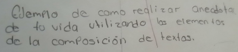 Cdemplo do como reglizar aneddota 
d to vida vtilizando las elemen tos 
do la composicion de textos.