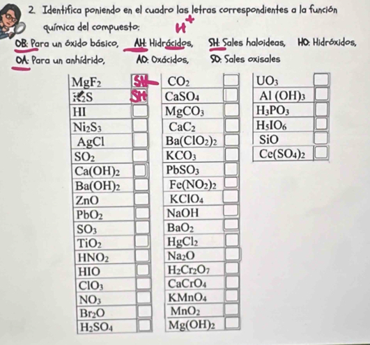 Identifica poniendo en el cuadro las letras correspondientes a la función
química del compuesto;
OB: Para un óxido básico, AH: Hidrácidos, SH: Sales haloideas, HO: Hidróxidos,
OA: Para un anhídrido, AD: Oxácidos, S: Sales oxisales