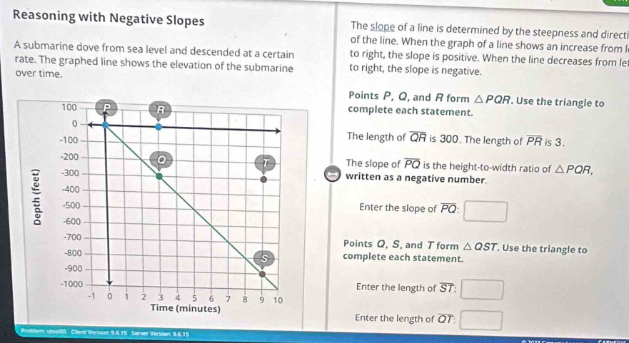 Reasoning with Negative Slopes The slope of a line is determined by the steepness and direct 
of the line. When the graph of a line shows an increase from I 
A submarine dove from sea level and descended at a certain to right, the slope is positive. When the line decreases from le 
rate. The graphed line shows the elevation of the submarine to right, the slope is negative. 
over time. 
Points P, Q, and R form △ PQR. Use the triangle to 
complete each statement. 
The length of overline QR
is 300. The length of overline PR is 3. 
The slope of overline PQ is the height-to-width ratio of △ PQR, 
written as a negative number. 
Enter the slope of overline PQ
Points Q, S, and T form △ QST. Use the triangle to 
complete each statement. 
Enter the length of overline ST
Enter the length of overline QT
Prottlem: utsal0S Client Version: 9.6.15 Server Version: 9.6.15