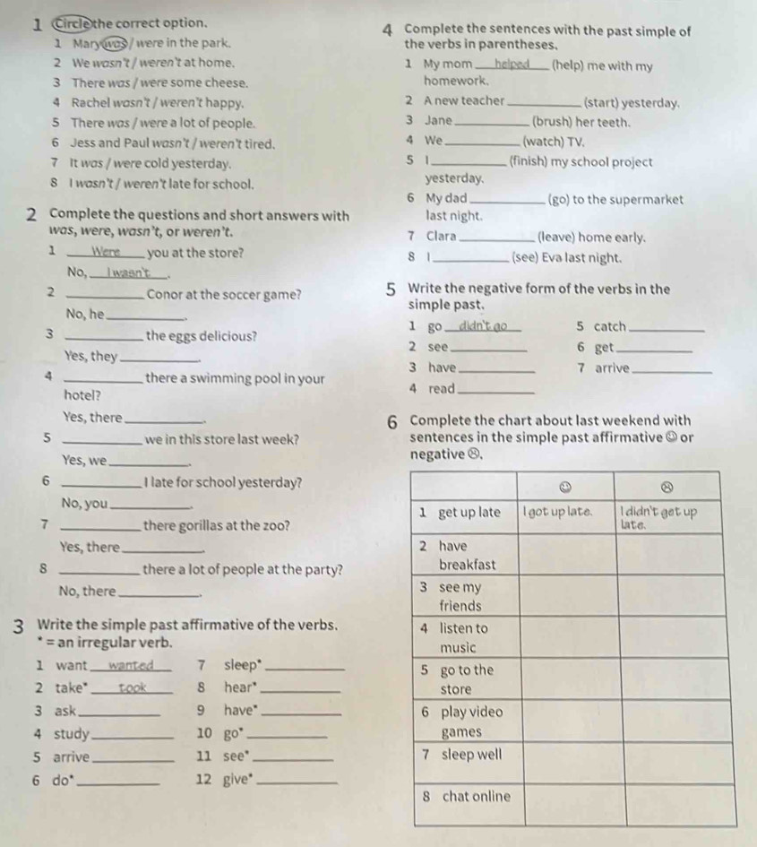 Circle the correct option. 4 Complete the sentences with the past simple of 
1 Mary was / were in the park. the verbs in parentheses, 
2 We wasn't / weren't at home. 1 My mom helped (help) me with my 
3 There was / were some cheese. homework. 
4 Rachel wosn't / weren't happy. 2 A new teacher_ (start) yesterday. 
5 There was / were a lot of people. 3 Jane_ (brush) her teeth. 
6 Jess and Paul wasn't / weren't tired. 4 We _(watch) TV. 
5 1 
7 It was / were cold yesterday. _(finish) my school project 
8 I wosn't / weren't late for school. yesterday. 
6 My dad _(go) to the supermarket 
2 Complete the questions and short answers with last night. 
was, were, wasn’t, or weren’t. 7 Clara _(leave) home early. 
1 Were _you at the store? 8 1_ (see) Eva last night. 
No, ___ I wasn't_ 
2 _Conor at the soccer game? 5 Write the negative form of the verbs in the 
simple past. 
No, he _1 go didn't go 
3 _the eggs delicious? _5 catch_ 
2 see_ 6 get_ 
Yes, they _3 have _7 arrive_ 
4 _there a swimming pool in your 4 read_ 
hotel? 
Yes, there_ .. 6 Complete the chart about last weekend with 
5 _we in this store last week? sentences in the simple past affirmative ⊥ or 
Yes, we_ 、 negative ⓧ, 
6 _I late for school yesterday? 
No, you _ 
7 _there gorillas at the zoo? 
Yes, there _ 
8 _there a lot of people at the party? 
No, there_ 
3 Write the simple past affirmative of the verbs. 
= an irregular verb. 
1 want I wanted_ 7 sleep*_ 
2 take" _took _8 hear*_ 
3 ask _9 have"_ 
4 study_ 10 go _ 
5 arrive_ 11 see*_ 
6 do*_ 12 give*_