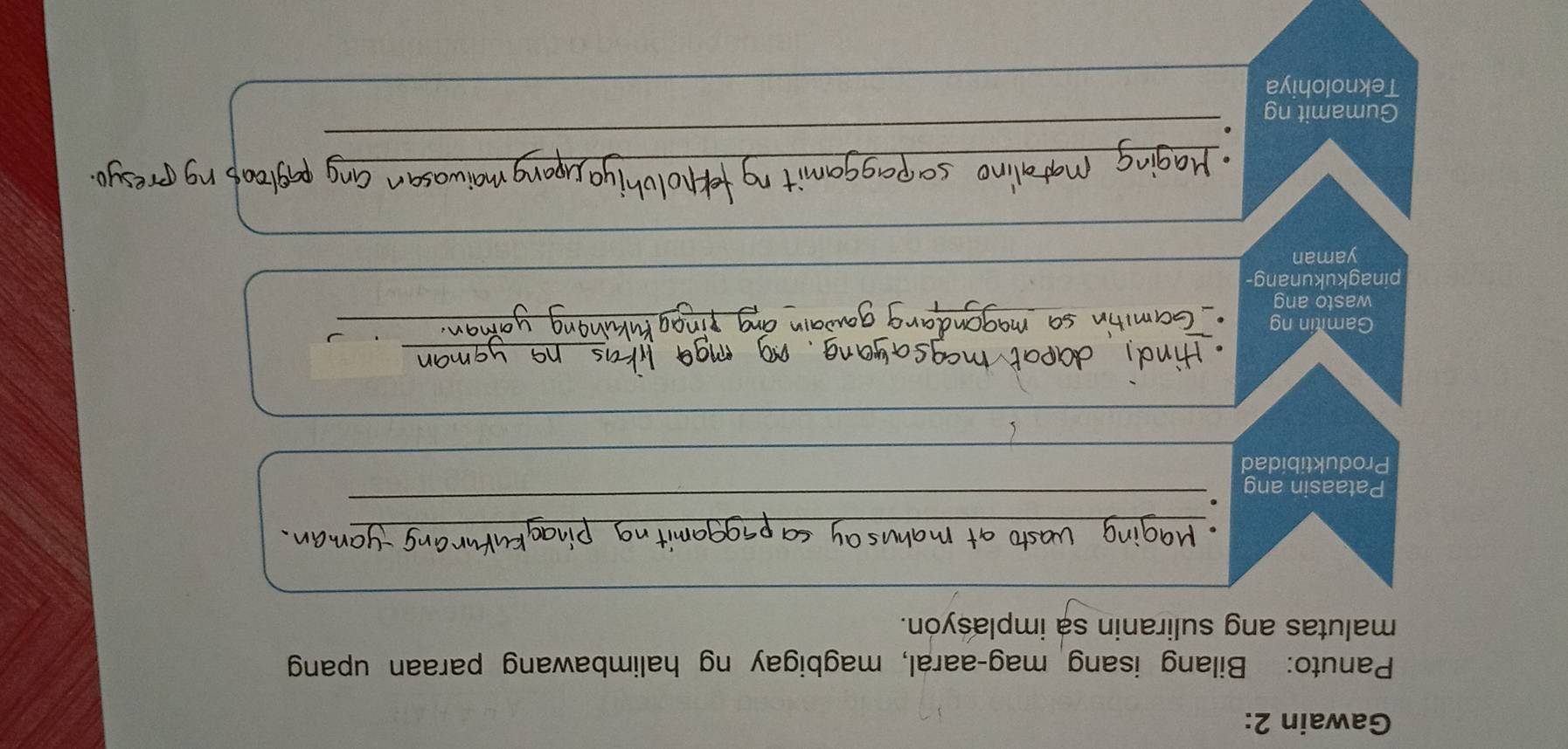 Gawain 2: 
Panuto: Bilang isang mag-aaral, magbigay ng halimbawang paraan upang 
malutas ang suliranin sa implasyon. 
_ 
_ 
Pataasin ang 
_ 
_ 
Produktibidad 
_ 
_ 
_ 
_ 
Gamitin ng 
_ 
wasto ang 
_ 
pinagkukunang- 
yaman 
_ 
_ 
Gumamit ng 
_ 
Teknolohiya