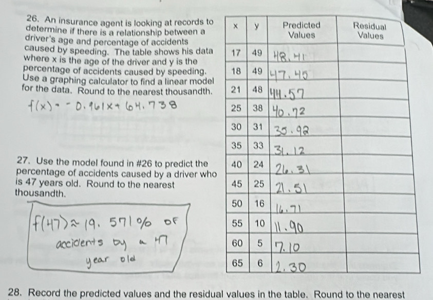 An insurance agent is looking at records to 
determine if there is a relationship between a 
driver's age and percentage of accidents 
caused by speeding. The table shows his data 
where x is the age of the driver and y is the 
percentage of accidents caused by speeding. 
Use a graphing calculator to find a linear model 
for the data. Round to the nearest thousandth. 
27. Use the model found in #26 to predict the 
percentage of accidents caused by a driver who 
is 47 years old. Round to the nearest 
thousandth. 
28. Record the predicted values and the residual values in the table. Round to the nearest