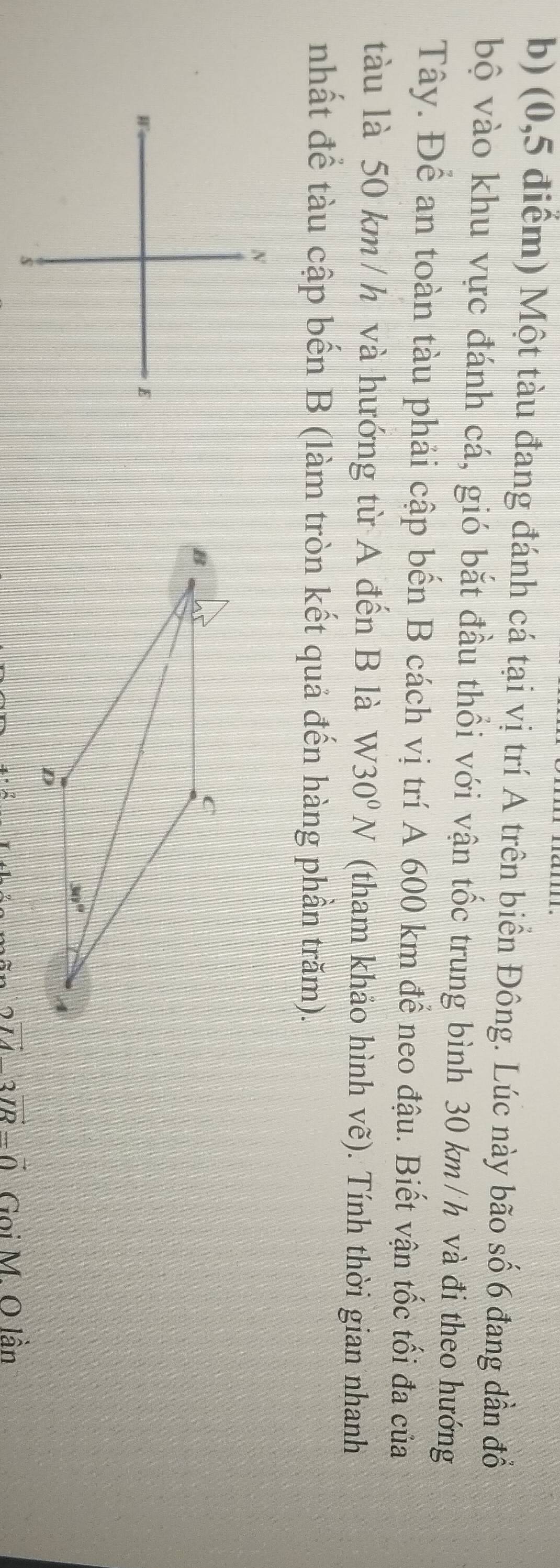 (0,5 điểm) Một tàu đang đánh cá tại vị trí A trên biển Đông. Lúc này bão số 6 đang dần đổ
bộ vào khu vực đánh cá, gió bắt đầu thổi với vận tốc trung bình 30 km/h và đi theo hướng
Tây. Để an toàn tàu phải cập bến B cách vị trí A 600 km để neo đậu. Biết vận tốc tối đa của
tàu là 50 km / h và hướng từ A đến B là W30^0N (tham khảo hình vẽ). Tính thời gian nhanh
nhất để tàu cập bến B (làm tròn kết quả đến hàng phần trăm).
N

E
2vector IA-3vector IR=vector 0 Gọi M. O lần