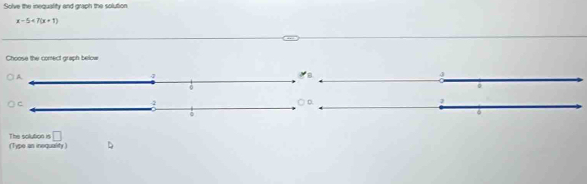 Solve the inequality and graph the solution
x-5<7(x+1)
Choose the correct graph below 
The sollution is □ 
(Type an inequality )