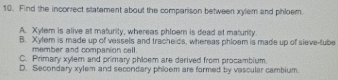 Find the incorrect statement about the comparison between xylem and phloem.
A. Xylem is alive at maturity, whereas phloem is dead at maturity.
B. Xylem is made up of vessels and tracheids, whereas phloem is made up of sieve-tube
member and companion cell.
C. Primary xylem and primary phloem are derived from procambium.
D. Secondary xylem and secondary phloem are formed by vascular cambium.