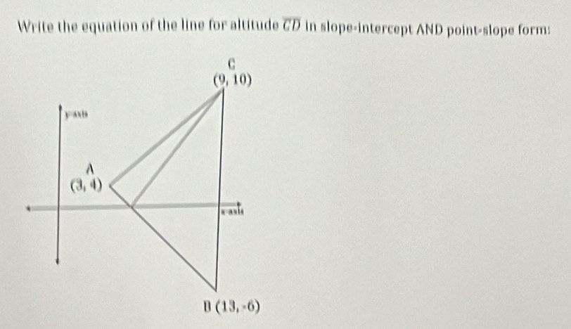 Write the equation of the line for altitude overline CD in slope-intercept AND point-slope form: