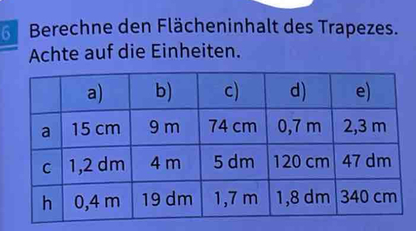 Berechne den Flächeninhalt des Trapezes. 
Achte auf die Einheiten.