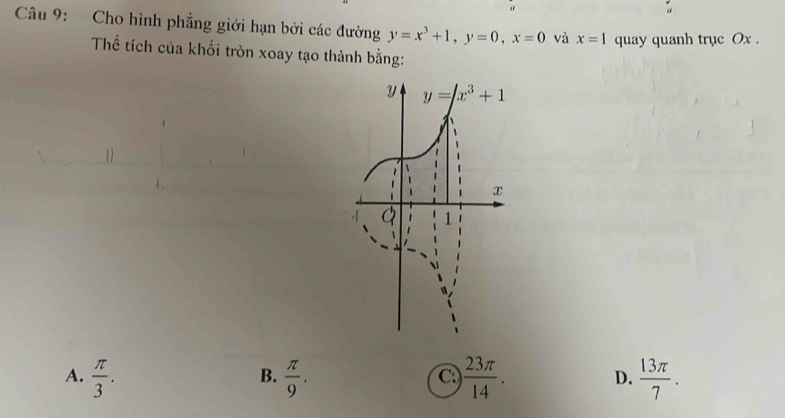 Cho hình phẳng giới hạn bởi các đường y=x^3+1,y=0,x=0 và x=1 quay quanh trục Ox .
Thể tích của khối tròn xoay tạo thành bằng:
A.  π /3 .  π /9 .  23π /14 .  13π /7 .
B.
C
D.