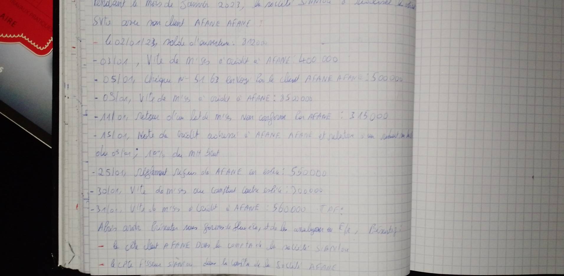 Londant i mo de Samb 2023, y noca smet a ucee Lo 
SYie and non dent AFANE AfANE
602101123 moo ollcuntre: 30200
0310n, Vite do mse a Qulr a AFAN 400 000
051o, Cheque N S1 63 enlay Bo S Clad AFANE AEAvE S00000 
oslon, Vitde miss a cudly a Afame: 8500000
-Mo1 natou olun lardu mis Nen confome Ca AfAN: 3 15000
Aslor, Note do QuOh Qohra AFANE AFANE Cr uature, un pabatmak 
olu os ion; ne % t du mst boch
- 2sl0s neleent JuSan do AfAWE on EnQu! 550000
- 3olon, Vite domss aur compto Couts 20Bc, 200000
-3no, ut. 6 mss Cur a AFANE : 560000 TAC. 
Alris andn Briutn naw goumt flur ea, ot do t analyou en th, Buantg 
-& cD dear AFnNvE Dow A comp fn ch Q golit sanou 
Q cpú fssam siniou dow a conl do s Socul AcAmc