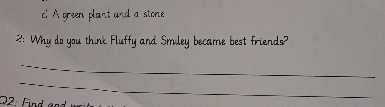 A green plant and a stone 
2: Why do you think Fluffy and Smiley became best friends? 
_ 
_