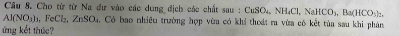 Cho từ từ Na dư vào các dung dịch các chất sau : CuSO_4, NH_4Cl, NaHCO_3, Ba(HCO_3)_2,
Al(NO_3)_3, FeCl_2, ZnSO_4 Có bao nhiêu trường hợp vừa có khí thoát ra vừa có kết tủa sau khi phản 
ứng kết thúc?