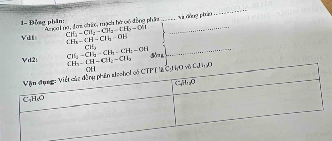 Ancol no, đơn chức, mạch hở có đồng phân _và đồng phân
_
1- Đồng phân:
Vd1: CH_3-CH_2-CH_2-CH_2-OH _
CH_3-CH-CH_2-OH
Vd2: CH_3-CH_2-CH_2-CH_2-OH CH_3 _
CH_3-CH-CH_2-CH_3 dồng
C_4H_10O