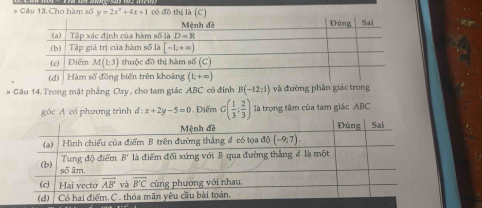 ag/sar (02 mem)
* Câu 13. Cho hàm số y=2x^2+4x+1 có đồ thị là (C)
Câu 14. Trong mặt phẳng Oxy , cho tam giác ABC có đỉnh B(-12;1) và đường phân giác trong
góc A có phương trình d:x+2y-5=0. Điểm G( 1/3 ; 2/3 ) là trọng tâm của tam giác ABC