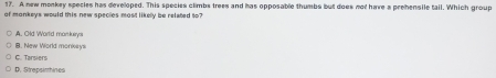 A new monkey species has developed. This species climbs trees and has opposable thumbs but does not have a prehensile tail. Which group
of monkeys would this new species most likely be related to?
A. Old World monkeya
C. Tarsiers B. New World monkeys
D. Strepsirhines