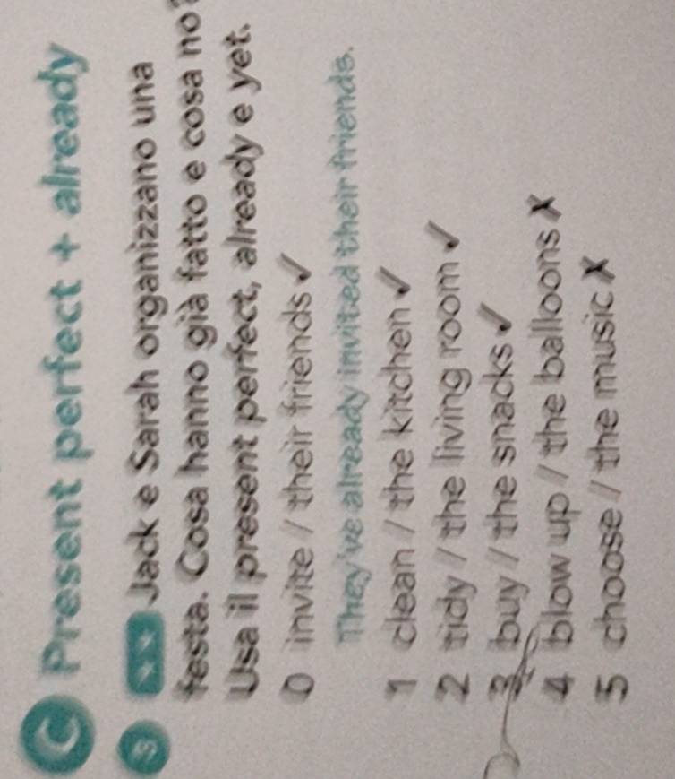 Present perfect + already 
653 Jack e Sarah organizzano una 
festa. Cosa hanno già fatto e cosa no 
Usa il present perfect, already e yet. 
0 invite / their friends 
They've already invited their friends. 
1 clean / the kitchen 
2 tidy / the living room 
buy / the snacks 
4 blow up / the balloons X
5 choose / the music X