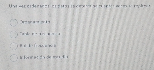 Una vez ordenados los datos se determina cuántas veces se repiten:
Ordenamiento
Tabla de frecuencia
Rol de frecuencia
Información de estudio