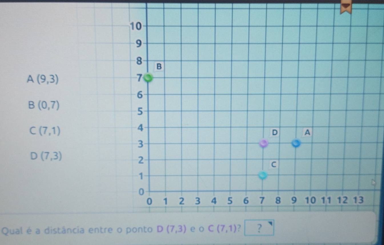 A(9,3)
B(0,7)
C(7,1)
D(7,3)
Qual é a dist