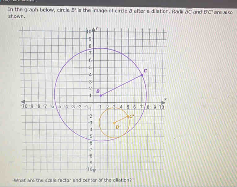 In the graph below, circle B' is the image of circle 8 after a dilation. Radii overline BC and overline B'C' are also
shown.
What are the scale factor and center of the dilation?