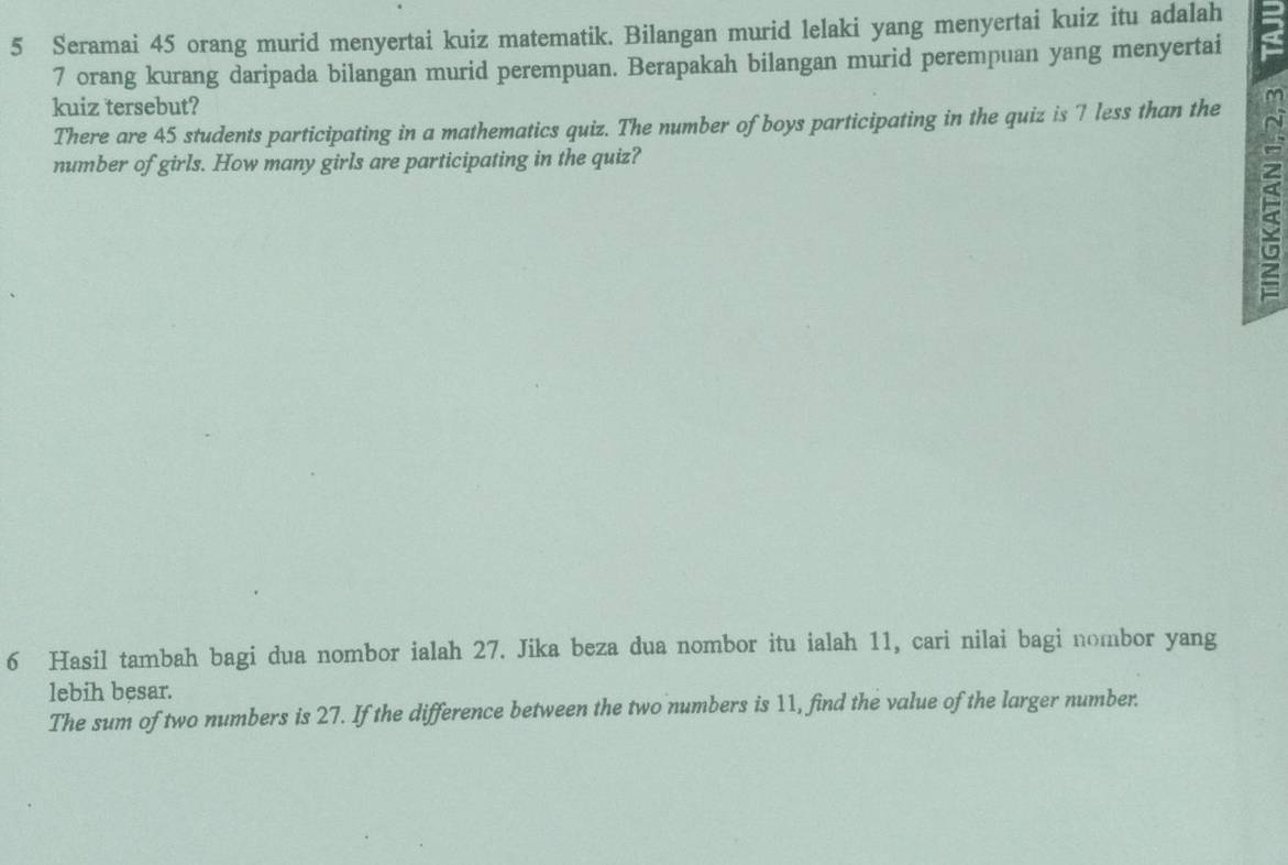 Seramai 45 orang murid menyertai kuiz matematik. Bilangan murid lelaki yang menyertai kuiz itu adalah
7 orang kurang daripada bilangan murid perempuan. Berapakah bilangan murid perempuan yang menyertai 
kuiz tersebut? 
There are 45 students participating in a mathematics quiz. The number of boys participating in the quiz is 7 less than the 
number of girls. How many girls are participating in the quiz? 
6 Hasil tambah bagi dua nombor ialah 27. Jika beza dua nombor itu ialah 11, cari nilai bagi nombor yang 
lebih besar. 
The sum of two numbers is 27. If the difference between the two numbers is 11, find the value of the larger number.