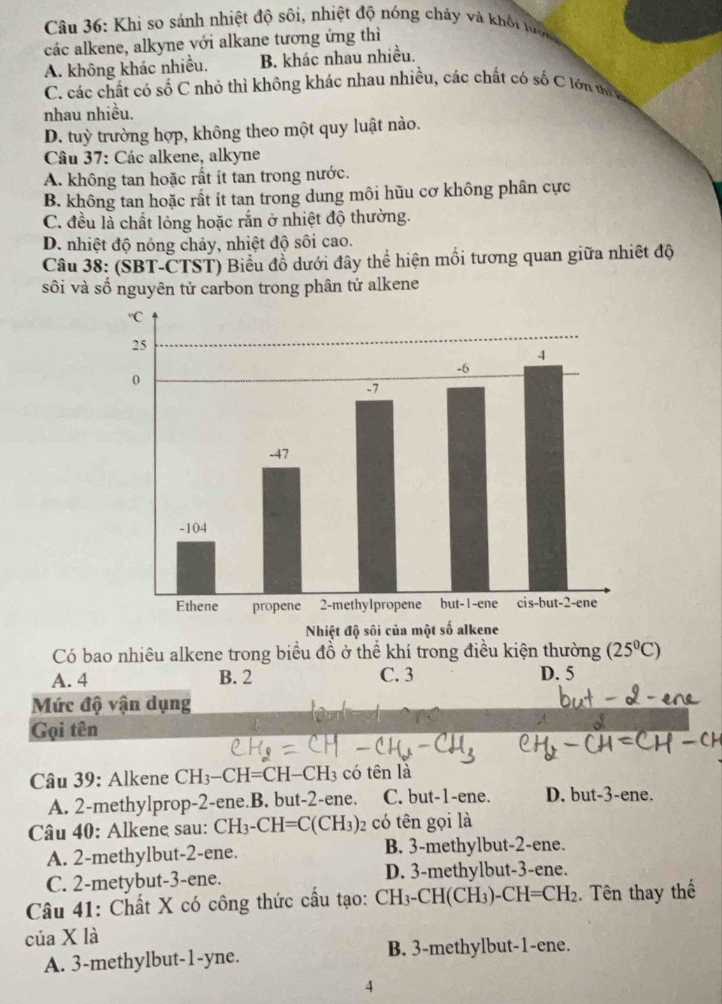 Khi so sánh nhiệt độ sôi, nhiệt độ nóng chảy và khối lược
các alkene, alkyne với alkane tương ứng thì
A. không khác nhiều. B. khác nhau nhiều.
C. các chất có số C nhỏ thì không khác nhau nhiều, các chất có số C lớn th a
nhau nhiều.
D. tuỳ trường hợp, không theo một quy luật nào.
* Câu 37: Các alkene, alkyne
A. không tan hoặc rất ít tan trong nước.
B. không tan hoặc rất ít tan trong dung môi hũu cơ không phân cực
C. đều là chất lỏng hoặc rắn ở nhiệt độ thường.
D. nhiệt độ nóng chảy, nhiệt độ sôi cao.
Câu 38: (SBT-ČTST) Biểu đổ dưới đây thể hiện mối tương quan giữa nhiệt độ
sôi và số nguyên tử carbon trong phân tử alkene
Nhiệt độ sôi của mộ
Có bao nhiêu alkene trong biểu đồ ở thể khí trong điều kiện thường (25°C)
A. 4 B. 2 C. 3 D. 5
Mức độ vận dụng
Gọi tên
Câu 39: Alkene CH_3-CH=CH-CH_3 có tên là
A. 2-methylprop-2-ene.B. but-2-ene. C. but-1-ene. D. but-3-ene.
Câu 40: Alkene sau: C CH_3-CH=C(CH_3) 2 có tên gọi là
A. 2-methylbut-2-ene. B. 3-methylbut-2-ene.
C. 2-metybut-3-ene. D. 3-methylbut-3-ene.
Câu 41: Chất X có công thức cầu tạo: CH_3-CH(CH_3)-CH=CH_2.  Tên thay thế
của X là
A. 3-methylbut-1-yne.
B. 3-methylbut-1-ene.
4