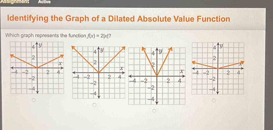 Assignment Active 
ldentifying the Graph of a Dilated Absolute Value Function 
Which graph represents the function f(x)=2|x| ?