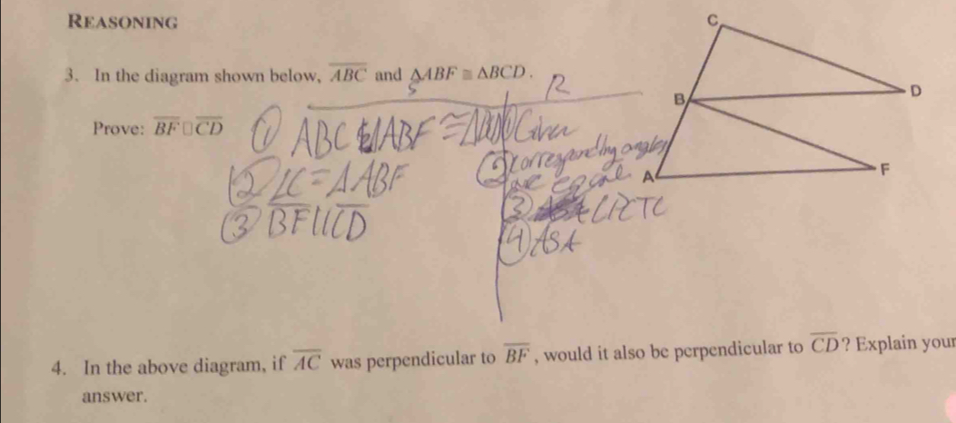 Solved: Reasoning 3. In the diagram shown below, overline ABC and ABF≌ ...