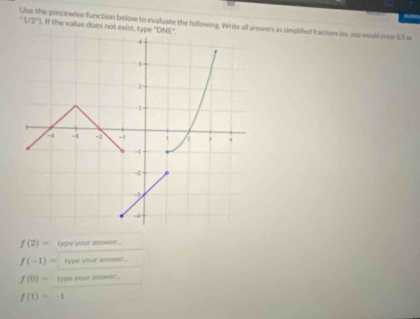 Use the piecewise function below to evaluate the following. Write all answers as simplifed fractions (n, wu would mar 65 a
1/2° If the value does not exist, type "DNE"
f(2)= type your answer...
f(-1)= type your answer...
f(0)= type your anower ...
f(1)=-1