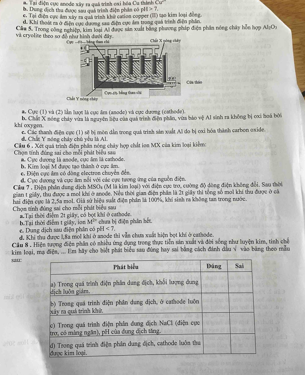 a. Tại điện cực anode xảy ra quá trình oxi hóa Cu thành Cu^(2+)
b. Dung dịch thu được sau quá trình điện phân có pH>7.
c. Tại điện cực âm xảy ra quá trình khử cation copper (II) tạo kim loại đồng.
d. Khí thoát ra ở điện cực dương sau điện cực âm trong quá trình điện phân.
Câu 5. Trong công nghiệp, kim loại Al được sản xuất bằng phương pháp điện phân nóng chảy hỗn hợp Al_2O_3
và cryolite theo sơ đồ như hình dưới đây.
a. Cực (1) và (2) lần lượt là cực âm (anode) và cực dương (cathode).
b. Chất X nóng chảy vừa là nguyên liệu của quá trình điện phân, vừa bảo vệ Al sinh ra không bị oxi hoá bởi
khí oxygen.
c. Các thanh điện cực (1) sẽ bị mòn dần trong quá trình sản xuất Al do bị oxi hóa thành carbon oxide.
d. Chất Y nóng chảy chủ yếu là Al.
Câu 6 . Xét quá trình điện phân nóng chảy hợp chất ion MX của kim loại kiềm:
Chọn tính đúng sai cho mỗi phát biểu sau
a. Cực dương là anode, cực âm là cathode.
b. Kim loại M được tạo thành ở cực âm.
c. Điện cực âm có dòng electron chuyển đến.
d. Cực dương và cực âm nối với các cực tương ứng của nguồn điện.
Câu 7 . Điện phân dung dịch M ISO_4 4 (M là kim loại) với điện cực trơ, cường độ dòng điện không đổi. Sau thời
gian t giây, thu được a mol khí ở anode. Nếu thời gian điện phân là 2t giây thì tổng số mol khí thu được ở cả
hai điện cực là 2,5a mol. Giả sử hiệu suất điện phân là 100%, khí sinh ra không tan trong nước.
Chọn tính đúng sai cho mỗi phát biểu sau
a.Tại thời điểm 2t giây, có bọt khí ở cathode.
b.Tại thời điểm t giây, ion M^(2+) chưa bị điện phân hết.
c. Dung dịch sau điện phân có pỉ H<7.
d. Khi thu được l,8a mol khí ở anode thì vẫn chưa xuất hiện bọt khí ở cathode.
Câu 8 . Hiện tượng điện phân có nhiều ứng dụng trong thực tiễn sản xuất và đời sống như luyện kim, tinh chế
kim loại, mạ điện, ... Em hãy cho biết phát biểu sau đúng hay sai bằng cách đánh dấu √ vào bảng theo mẫu
sau: