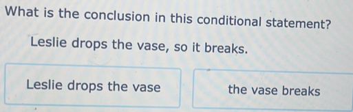 What is the conclusion in this conditional statement?
Leslie drops the vase, so it breaks.
Leslie drops the vase the vase breaks