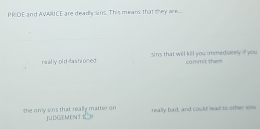 PRDE and AVAUCE are deadly sins. This mears that they are. 
ne al ly ol d-fa s hioned sins that will kill you immediately if you commit the- 
the only wns that really matter on JUDGEMENT ION really bad, and could lead to other sr